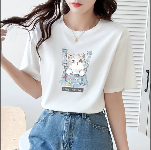 白色天丝短袖t恤女夏季高级感小众设计冰丝半袖时尚卡通印花体恤