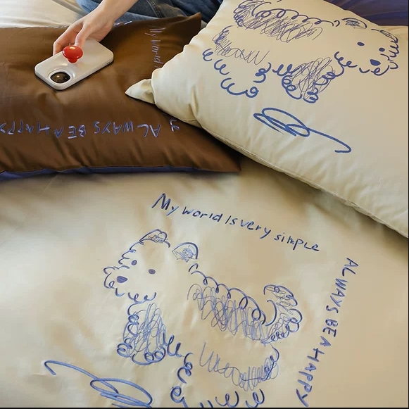 花时间生活100支全棉四件套双股贡缎刺绣长绒棉撞色拼接印花床品